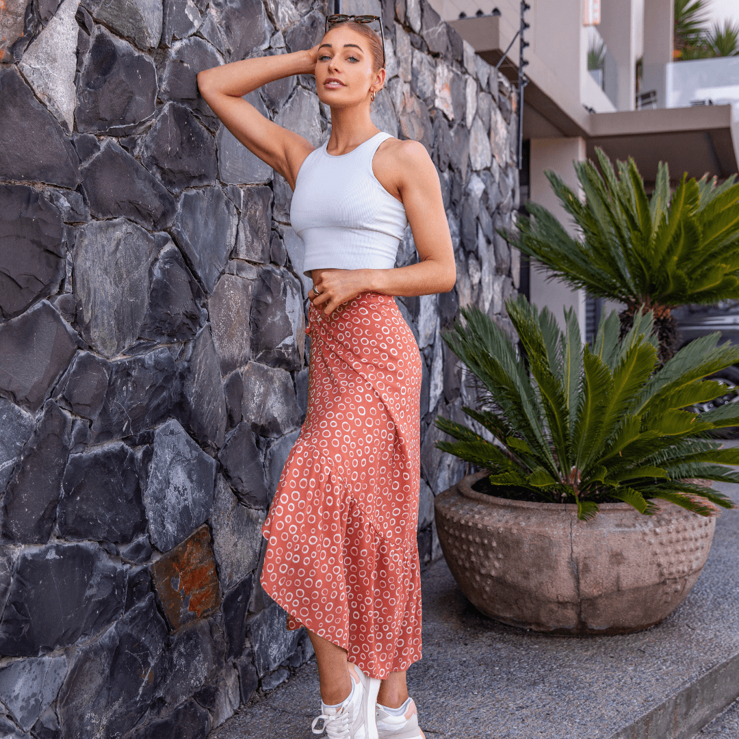 Ladies High Waisted Wrap Skirts - Burnt Orange - Strange Paradise