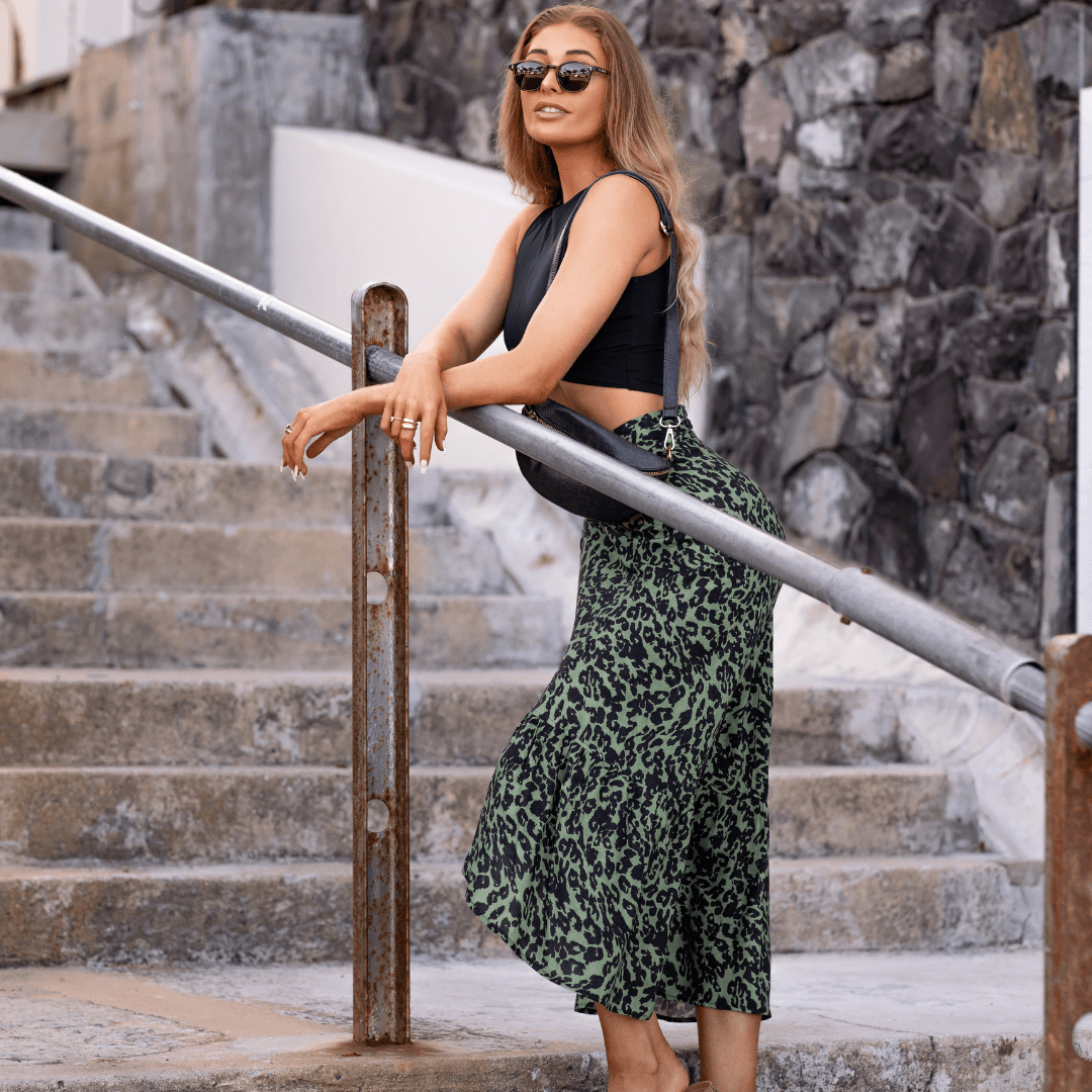 Ladies High Waisted Wrap Skirt - Sage Leopard - Strange Paradise