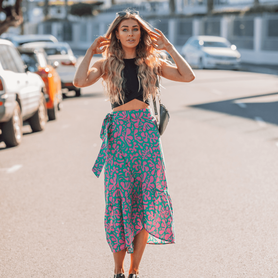Ladies High Waisted Wrap Skirt - Coral - Strange Paradise