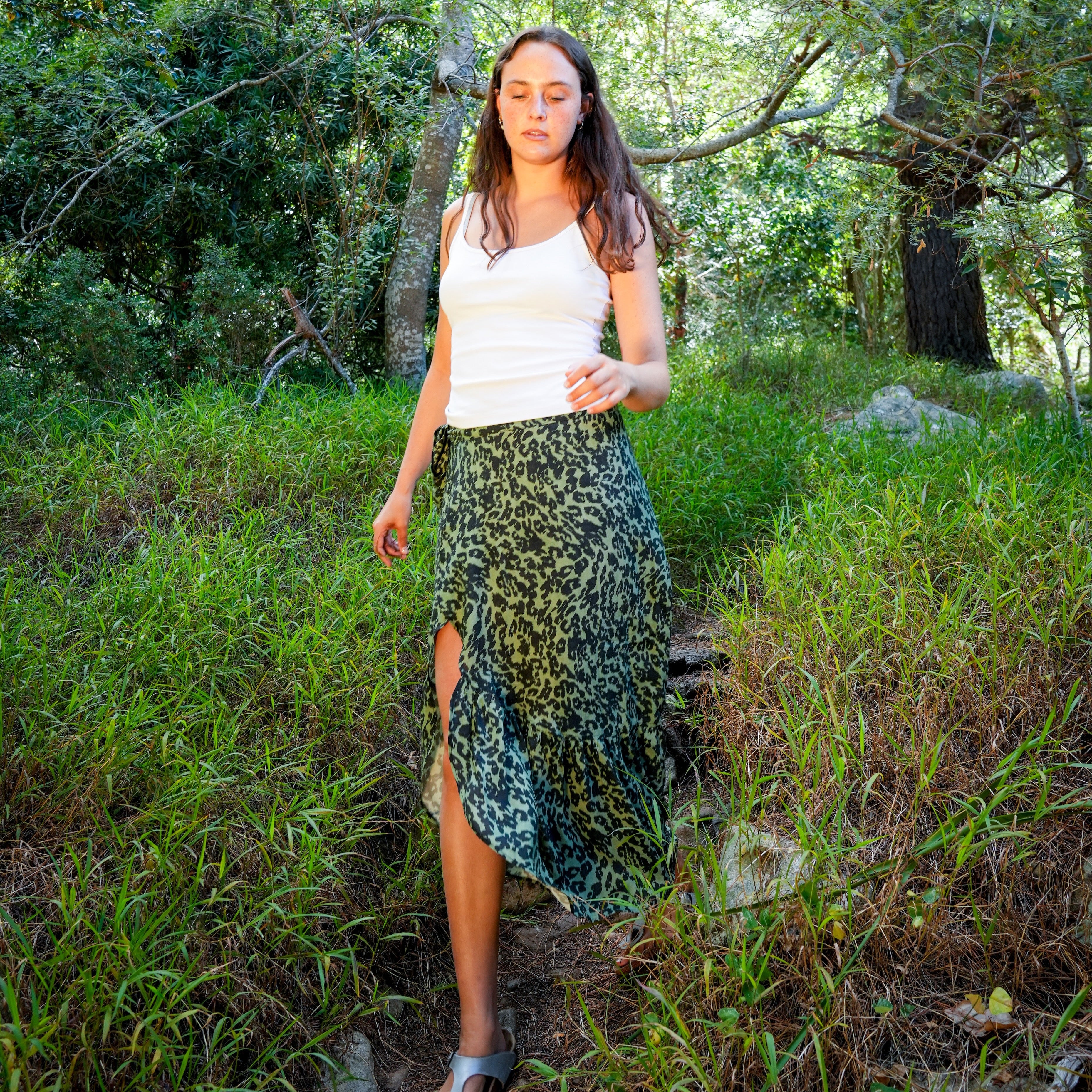Ladies High Waisted Wrap Skirt - Sage Leopard - Strange Paradise