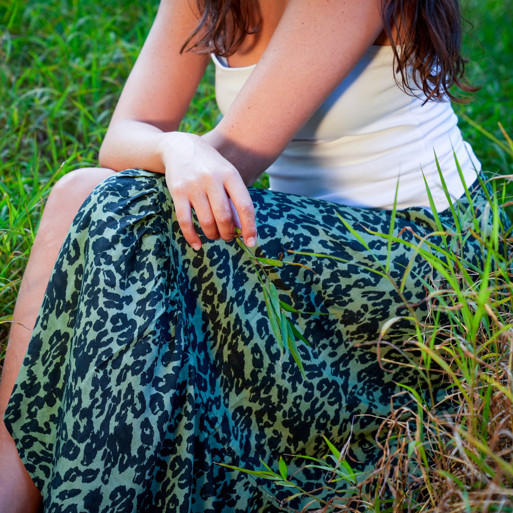 Ladies High Waisted Wrap Skirt - Sage Leopard - Strange Paradise