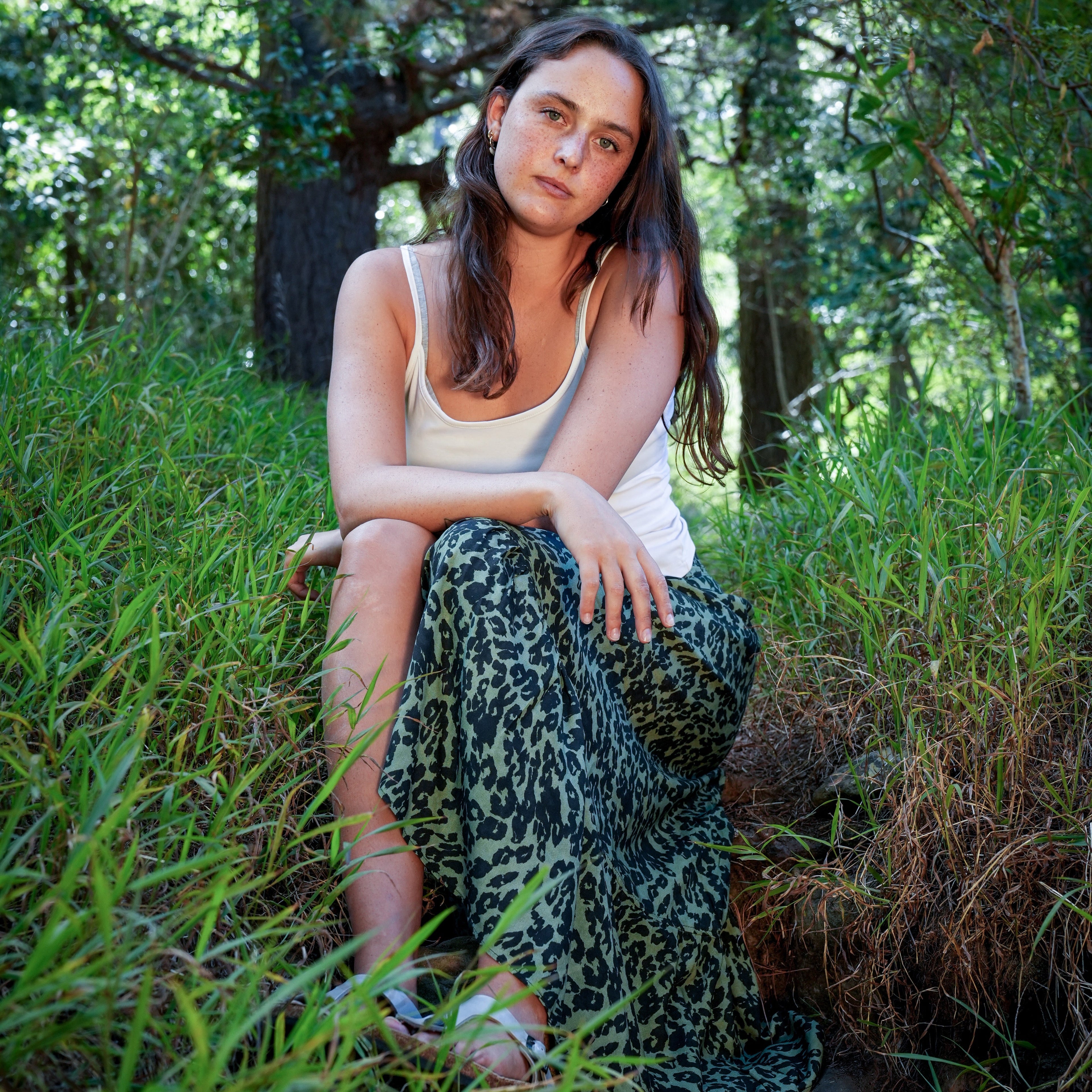  Ladies High Waisted Wrap Skirt - Sage Leopard - Strange Paradise