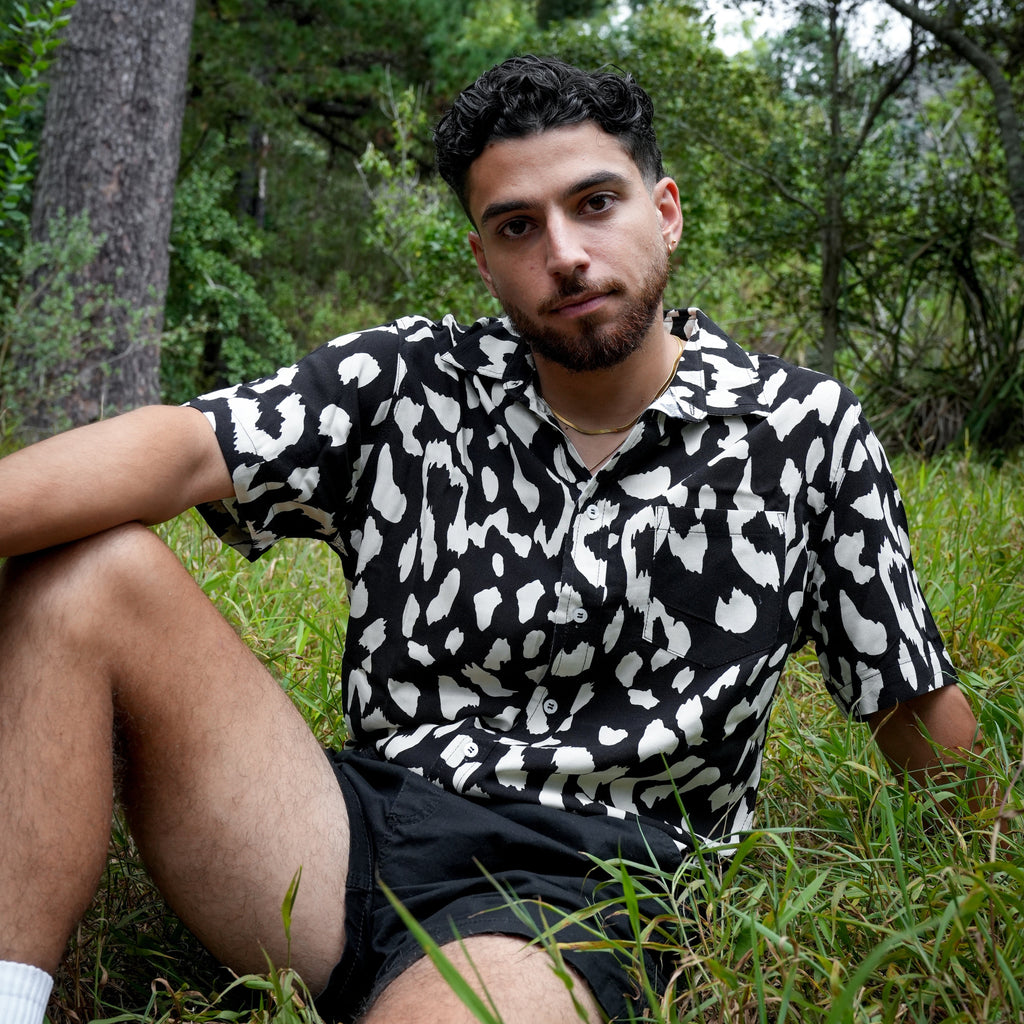 Men's Short Sleeve Shirt - Black & White Leopard Print - Strange Paradise