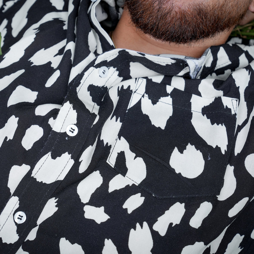 Men's Short Sleeve Shirt - Black & White Leopard Print - Strange Paradise