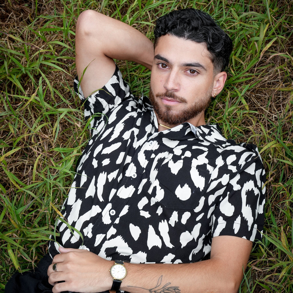 Men's Short Sleeve Shirt - Black & White Leopard Print - Strange Paradise